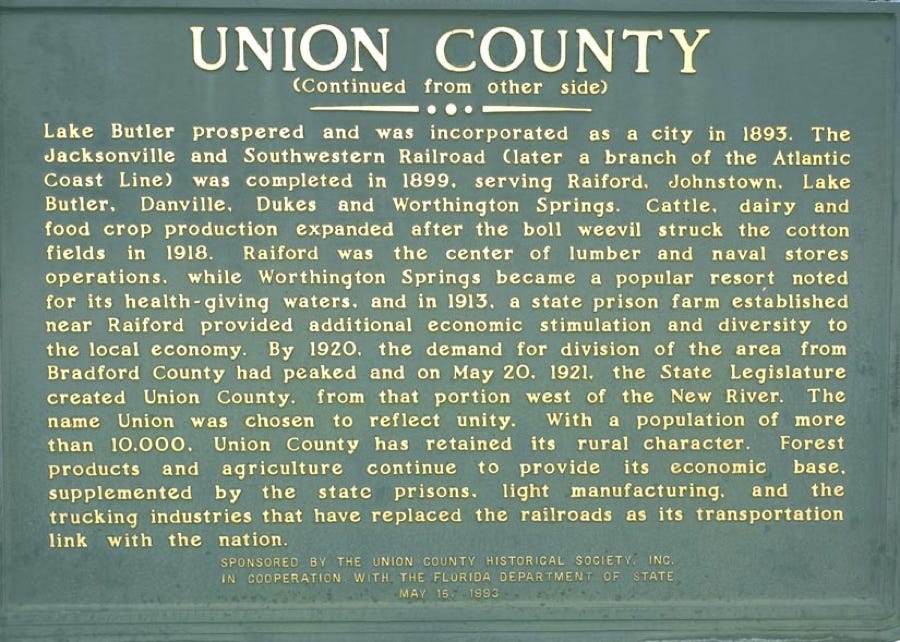 Photo of reverse side of historical marker at Union County Courthouse.